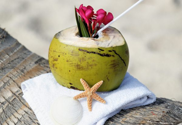 Coconut cocktail with drinking straw on a palm tree on a beach